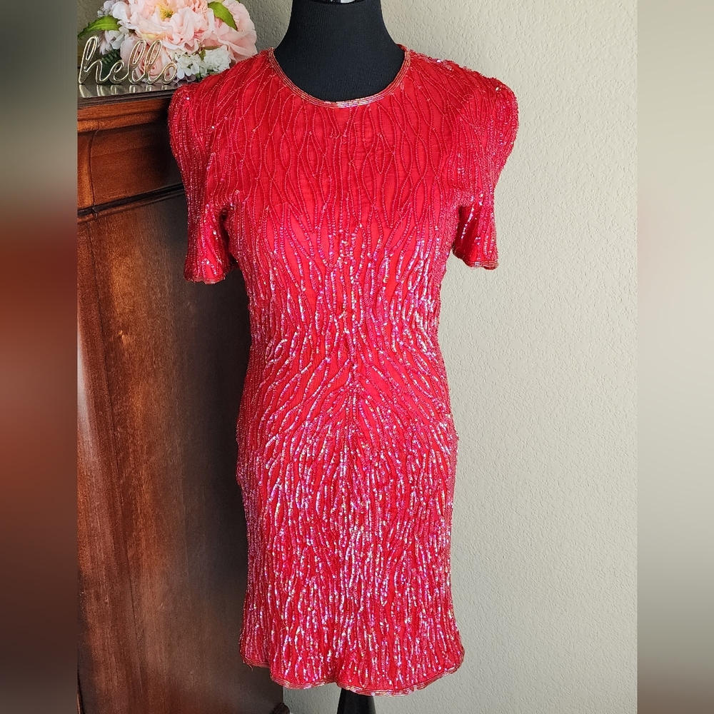 Vintage 80's Red Full Sequin Silk Dress